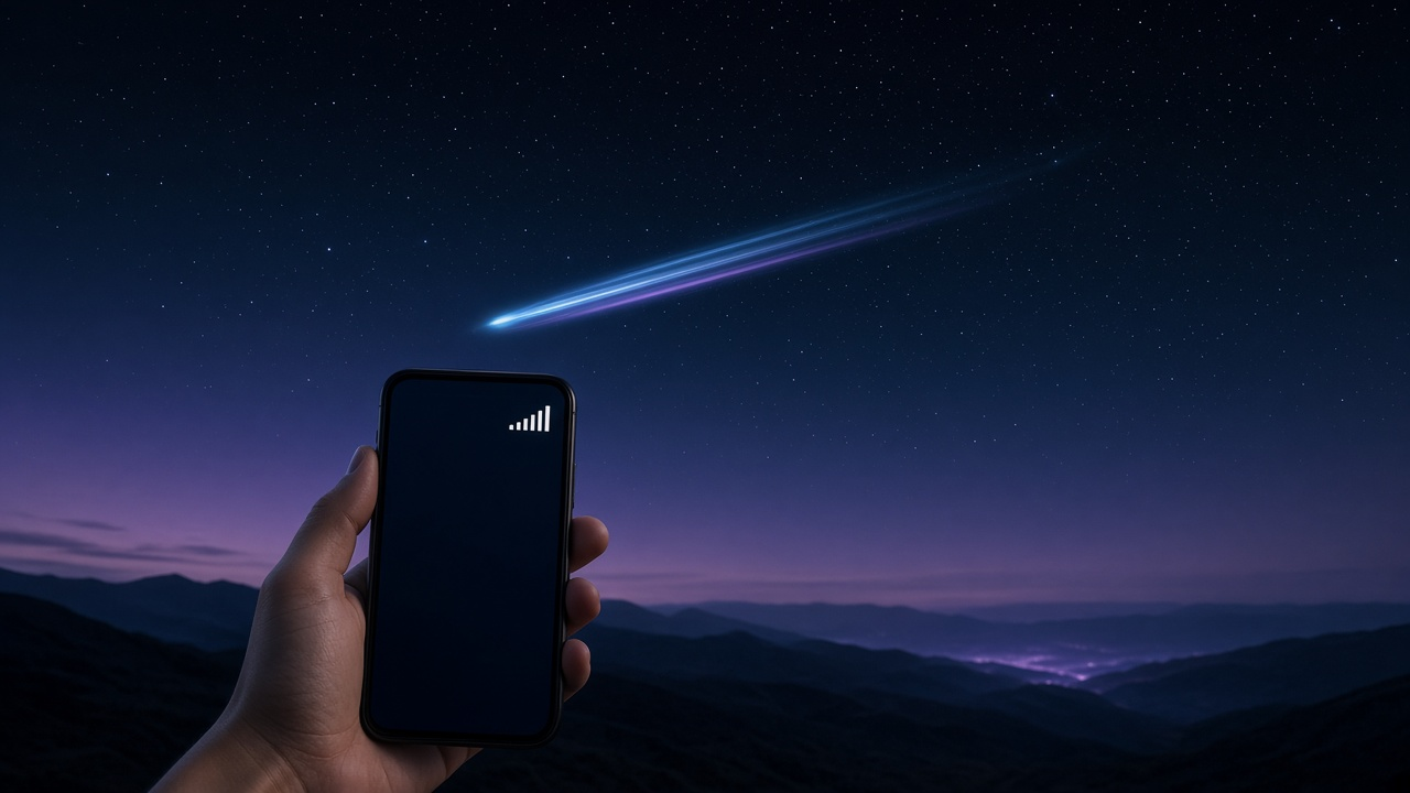 Hand holding a phone with signal bars beneath a starry sky and a satellite streak