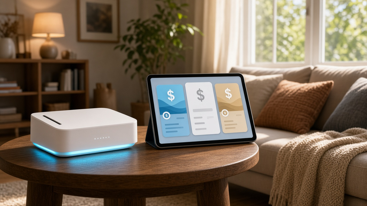 White 5G home gateway with soft blue LED glow on a coffee table next to a tablet showing abstract plan pricing cards with dollar signs