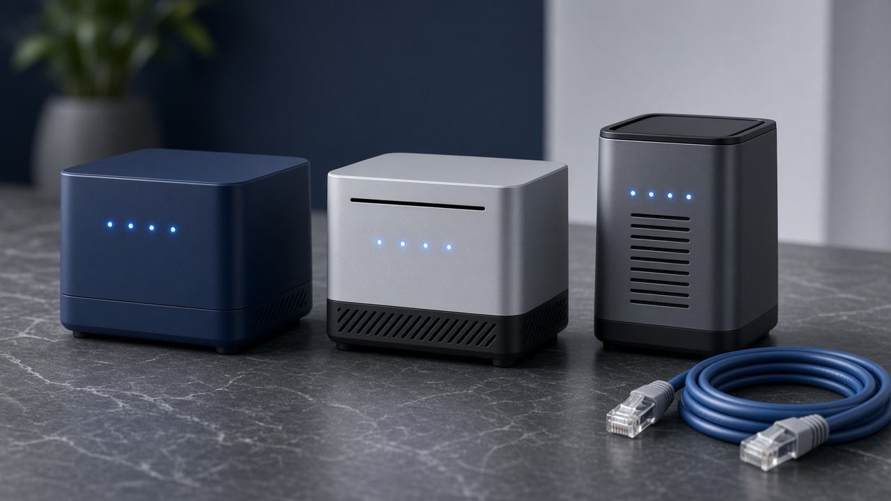 Cable modems arranged on a clean desk for comparison