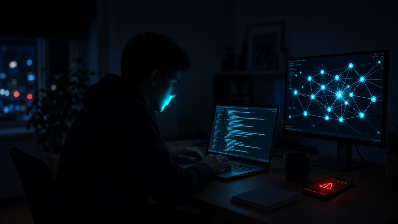 Dim home office at night with a person typing on a laptop of cyan code, network-node monitor, and a phone showing a red warning alert