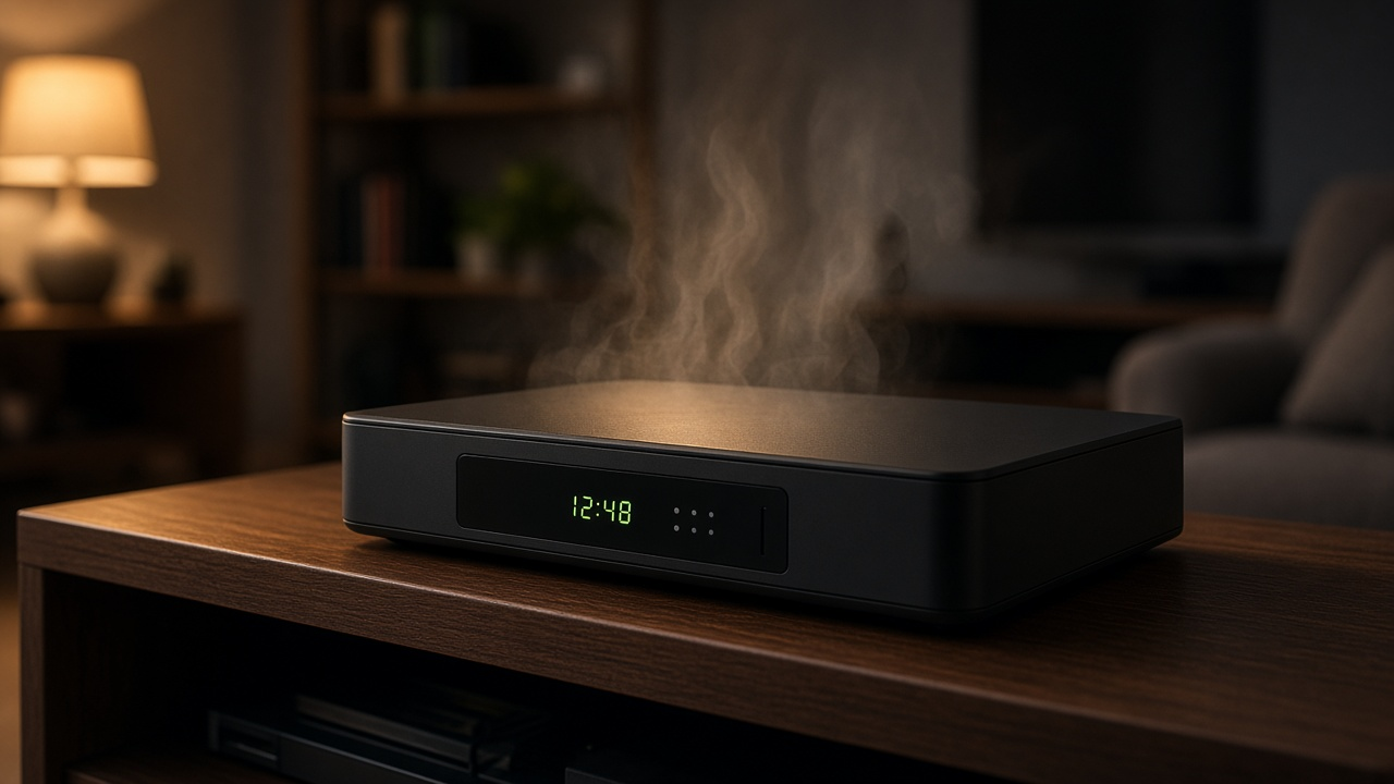 Warm satellite television receiver on an open shelf