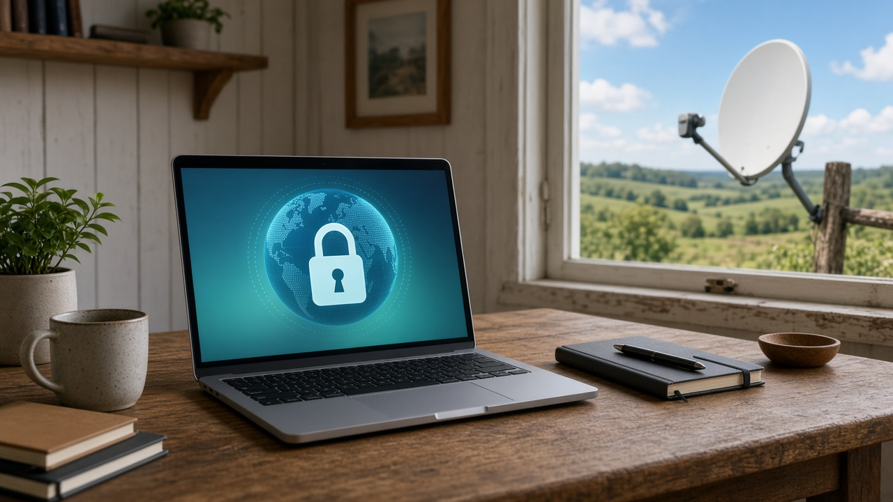 Laptop showing a secure VPN connection beside a satellite internet dish