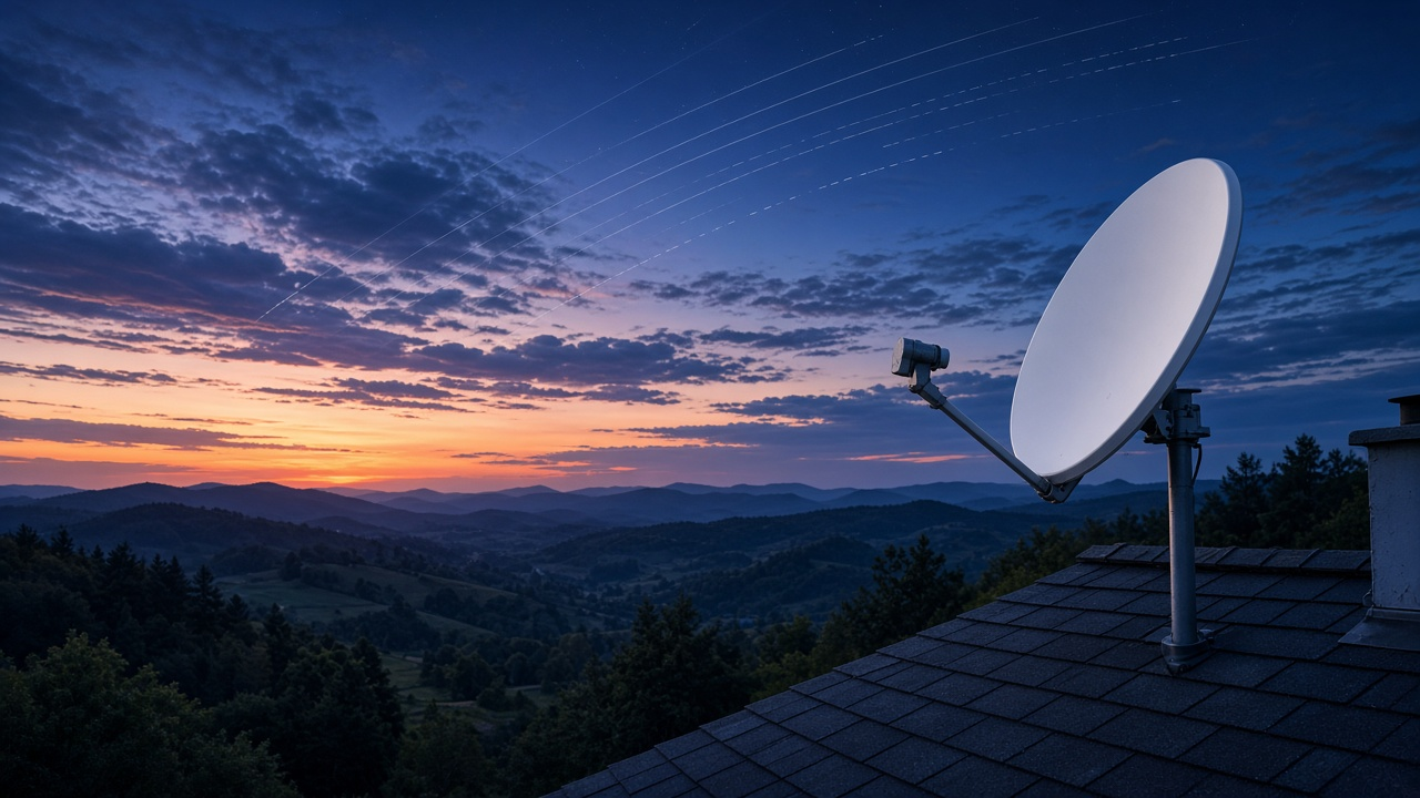 White satellite dish on a rural rooftop beneath a twilight sky over forested hills