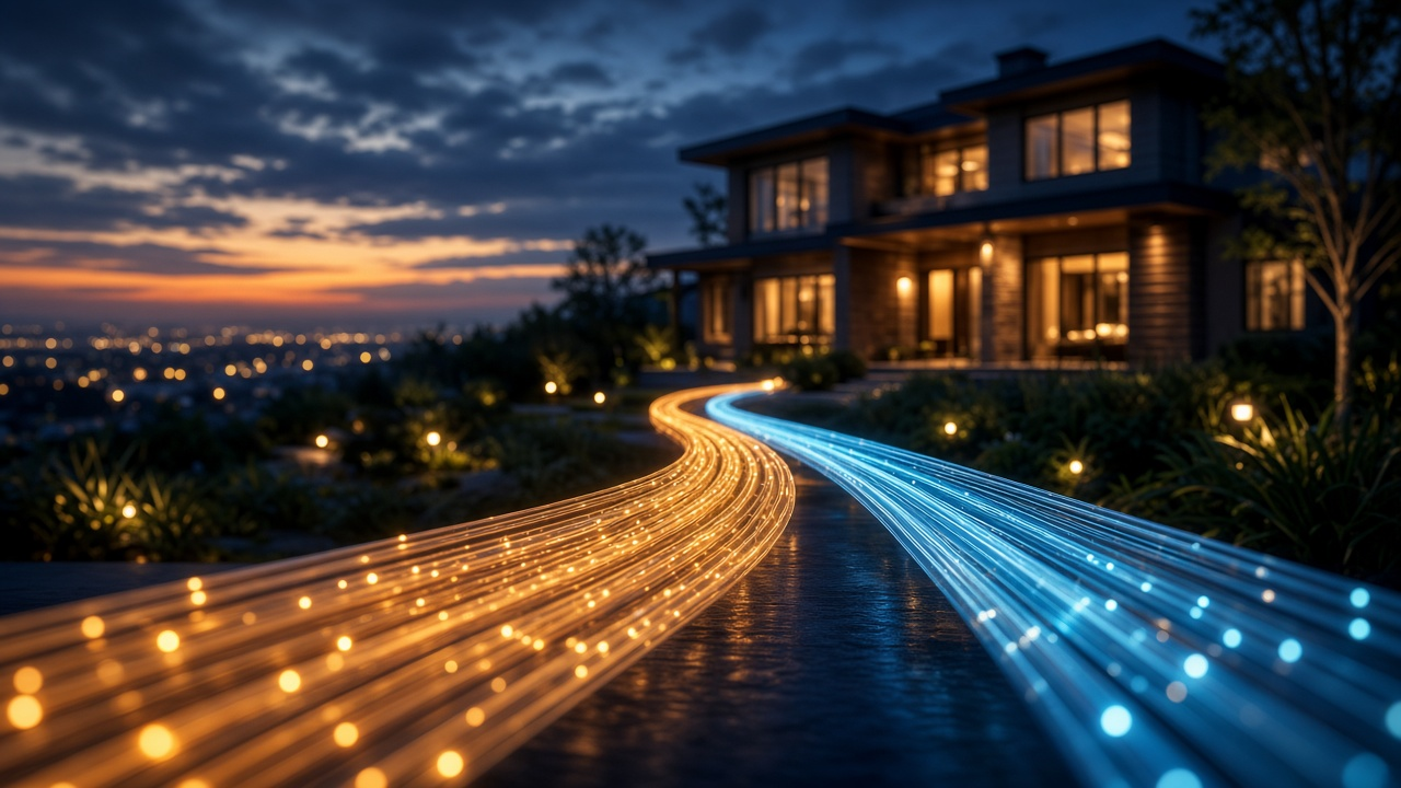 Modern suburban home at dusk with glowing fiber-optic light trails along the driveway
