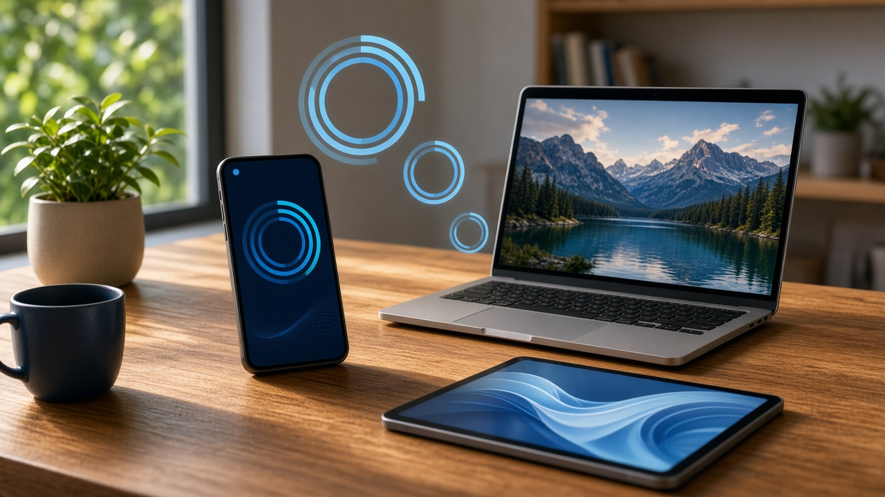 Laptop, tablet, and phone on a wooden desk with floating blue data rings suggesting hotspot usage