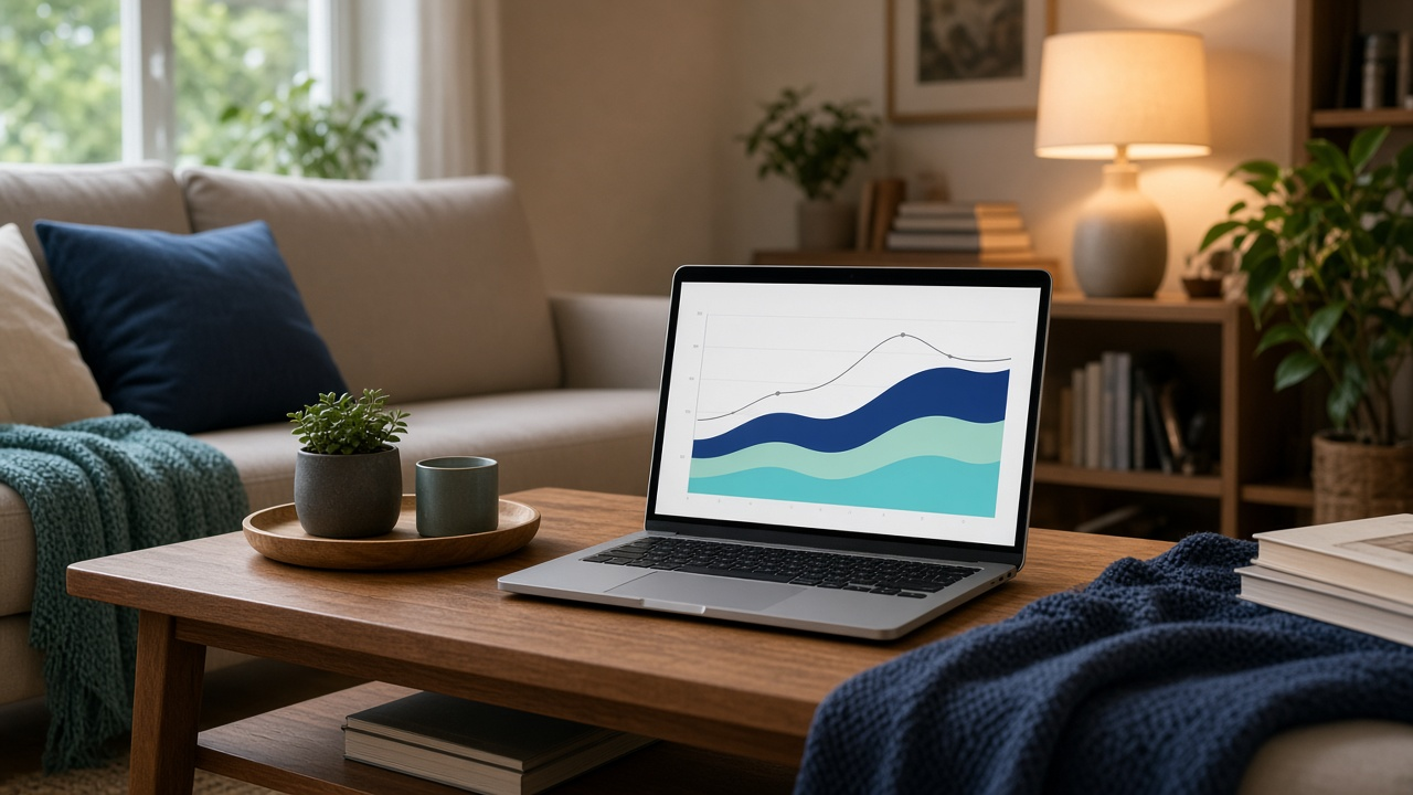 Laptop on a living-room table showing a teal-and-navy cost chart beside a warm lamp