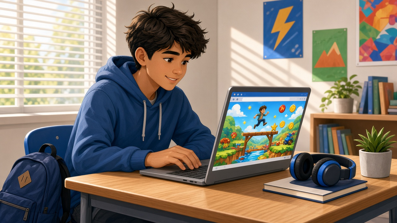 Teen at a sunlit desk playing colorful browser platformer games on a laptop with headphones nearby