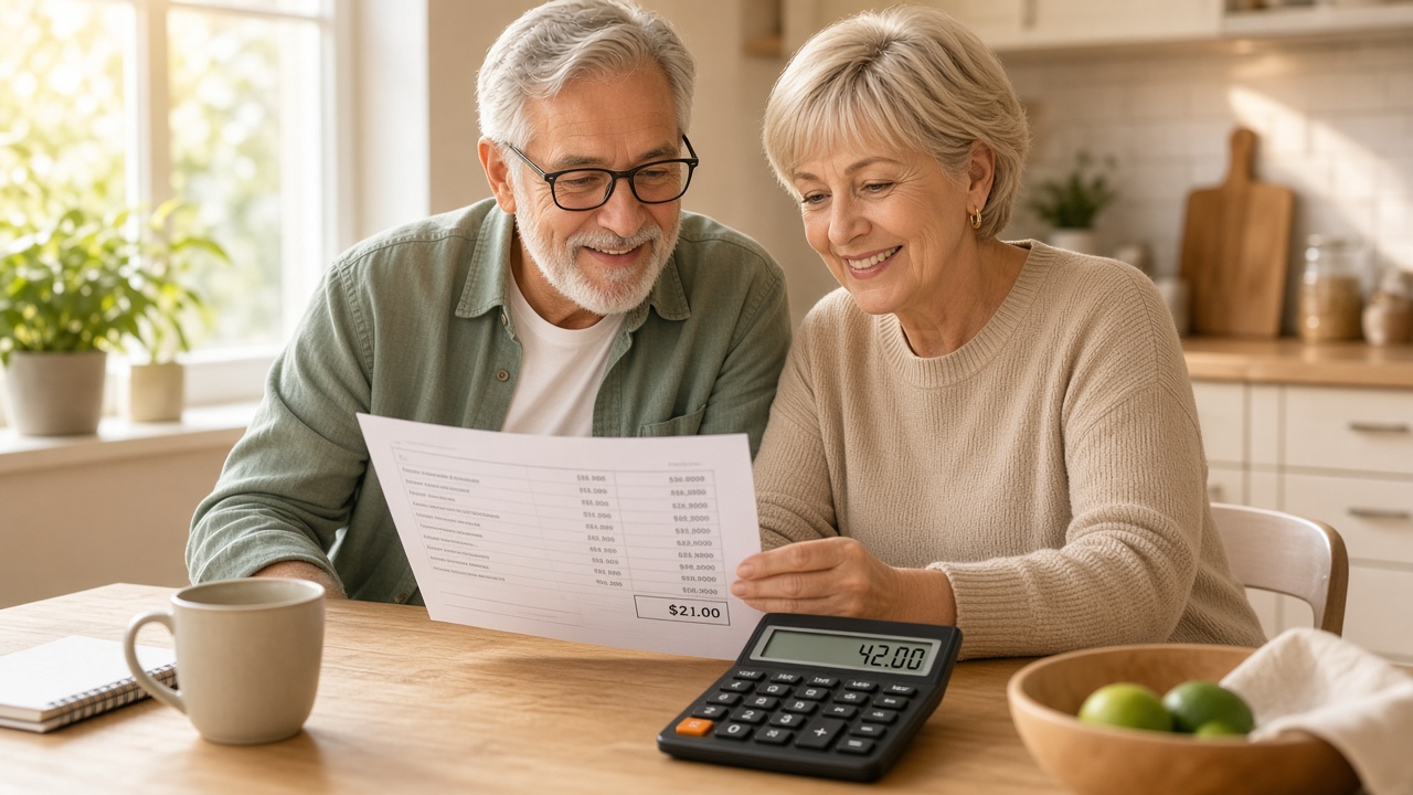 Senior couple reviewing an internet bill with a calculator