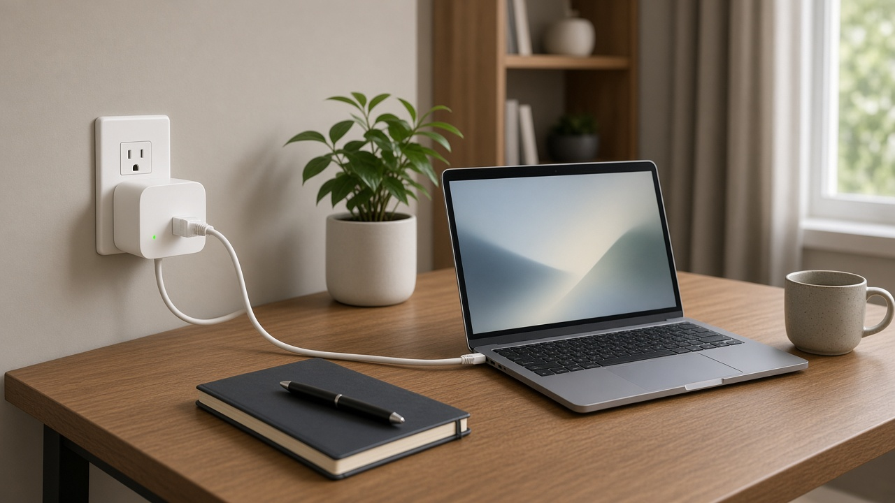 Powerline internet adapter connecting a laptop through a wall outlet