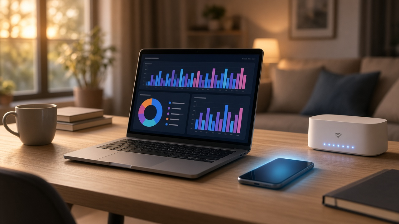 Modern desk with laptop showing a colorful data-usage dashboard, glowing smartphone, and white Wi-Fi router with blue LEDs at sunset