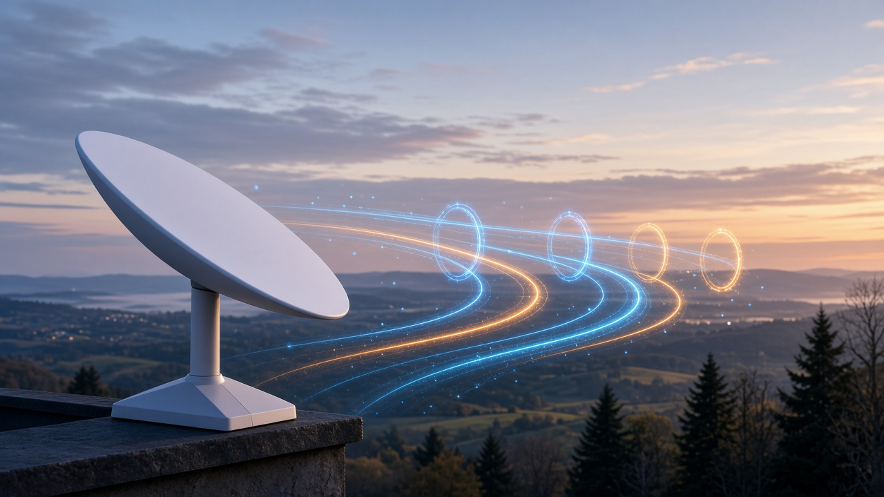 White satellite dish on a rural balcony with glowing blue and amber network path trails at dusk