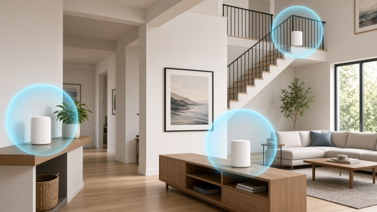 Mesh Wi-Fi nodes placed throughout a two-story home