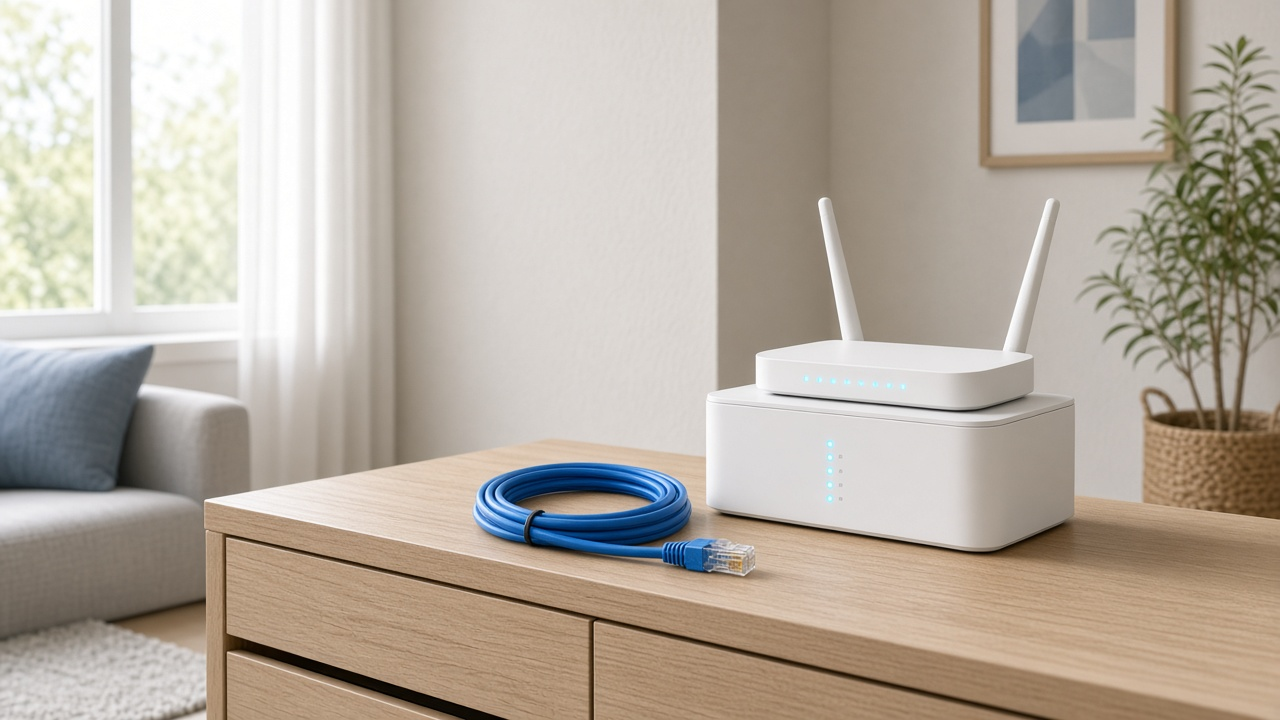 Person setting up a Spectrum modem and Wi-Fi router at home