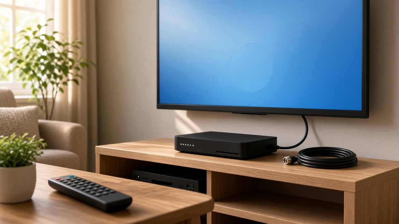 Xfinity cable box connected to a television with HDMI and coaxial cables