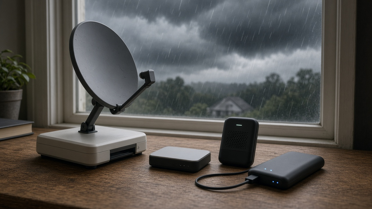 Portable satellite terminal, hotspot, and battery pack near a window during a storm