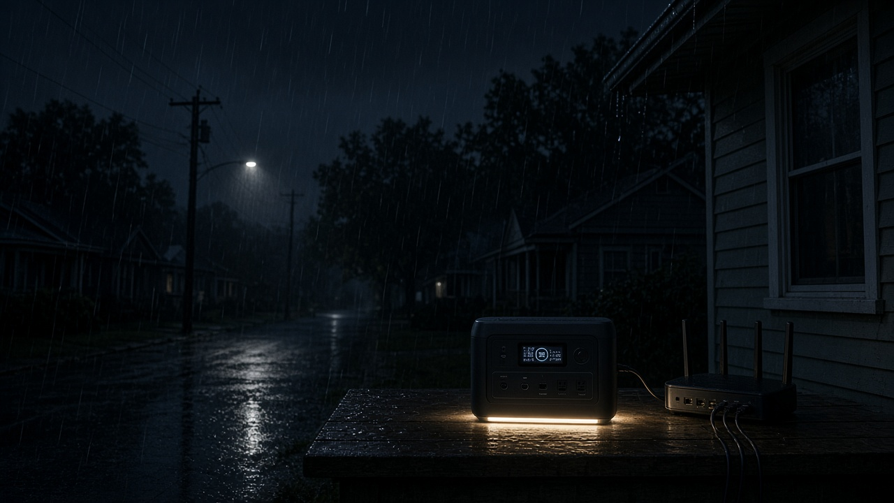Portable power station supplying a router during a nighttime power outage