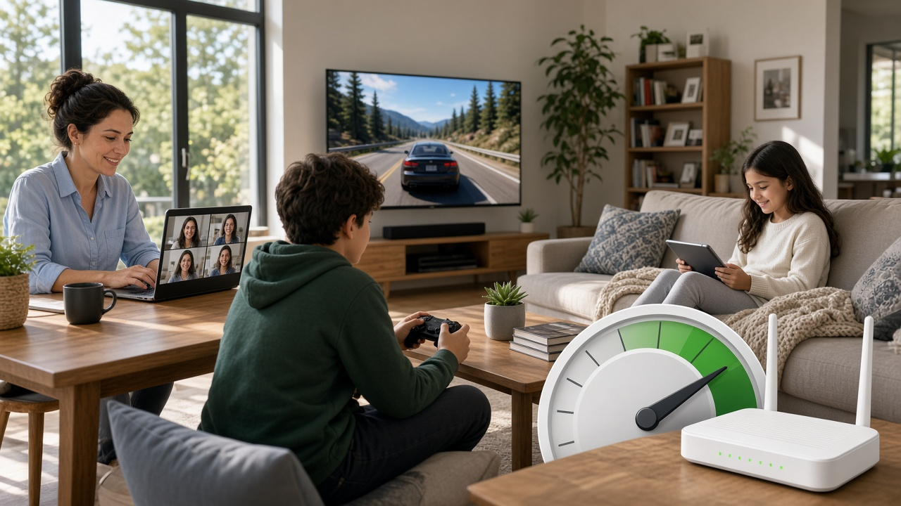 Family living room with video call, console gaming, and tablet streaming beside a router and high-speed gauge