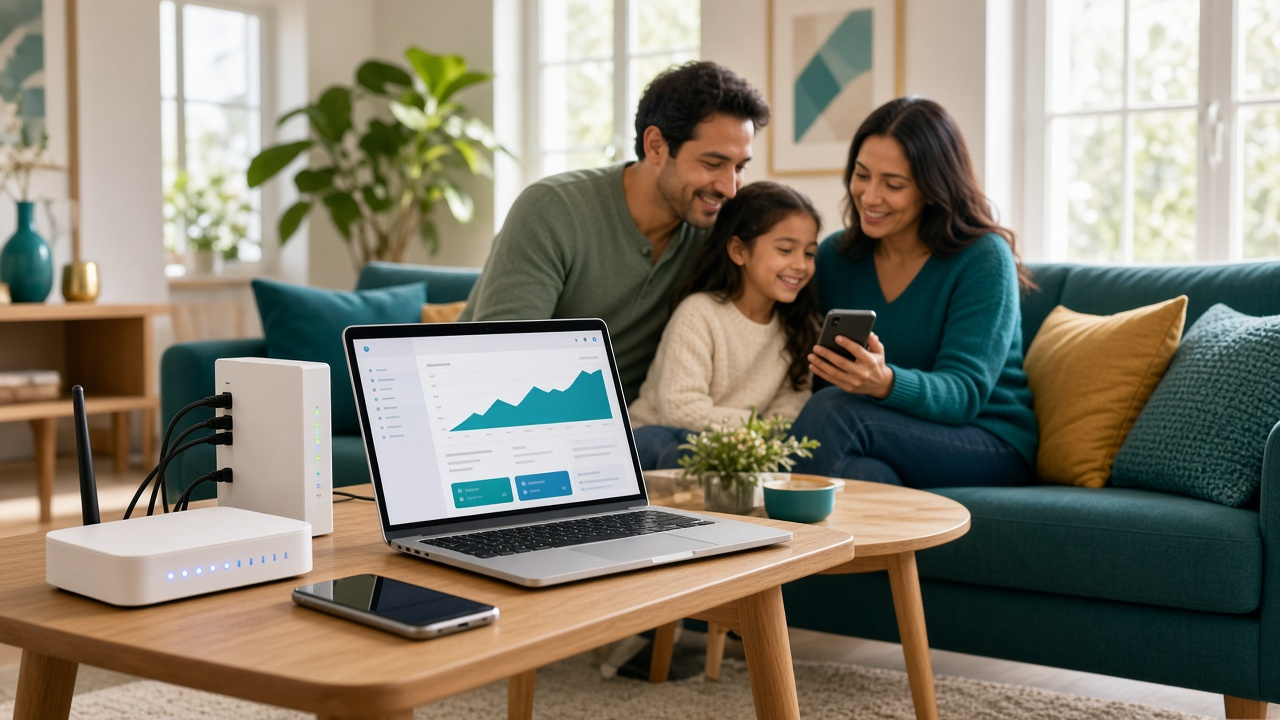 Smiling family on a teal couch looking at a phone, with a laptop billing dashboard and white Wi-Fi router with blue LEDs on the coffee table