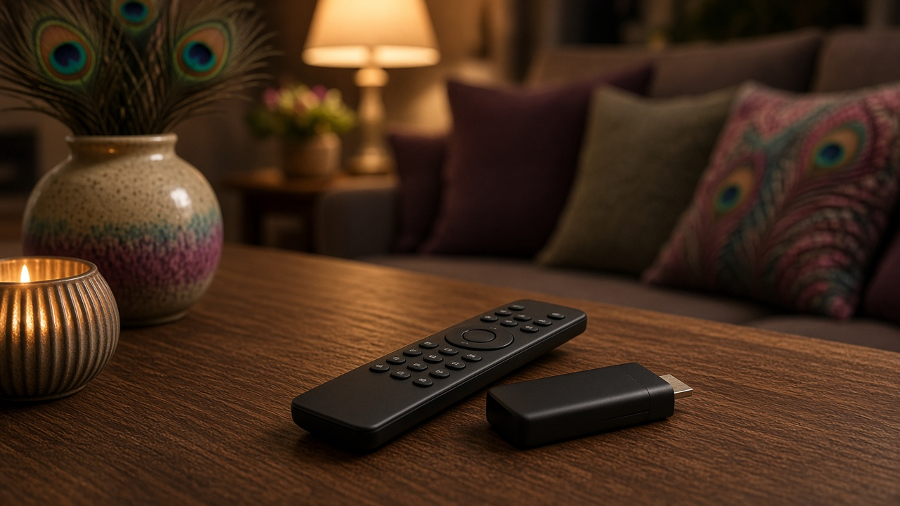 Living room TV glow with soft abstract content shapes, no logos