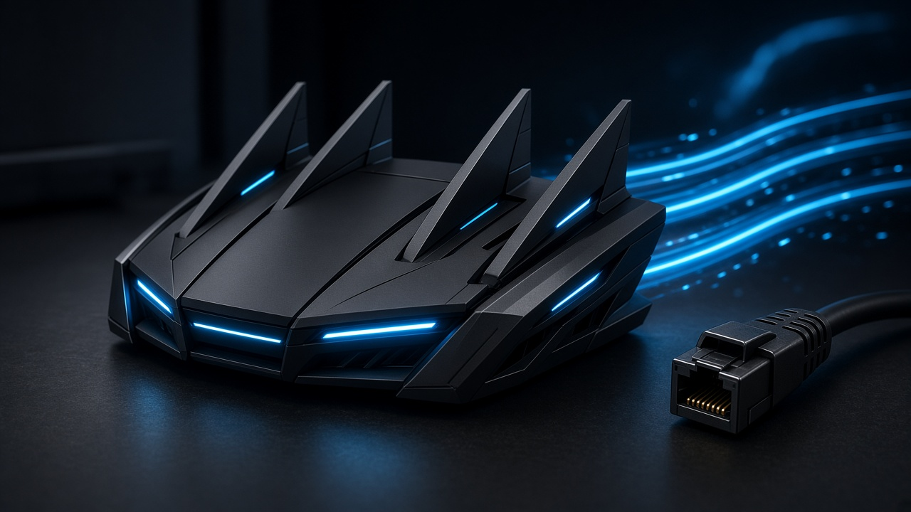 Wi-Fi 7 router beside a 10-gigabit Ethernet cable and blue data streams