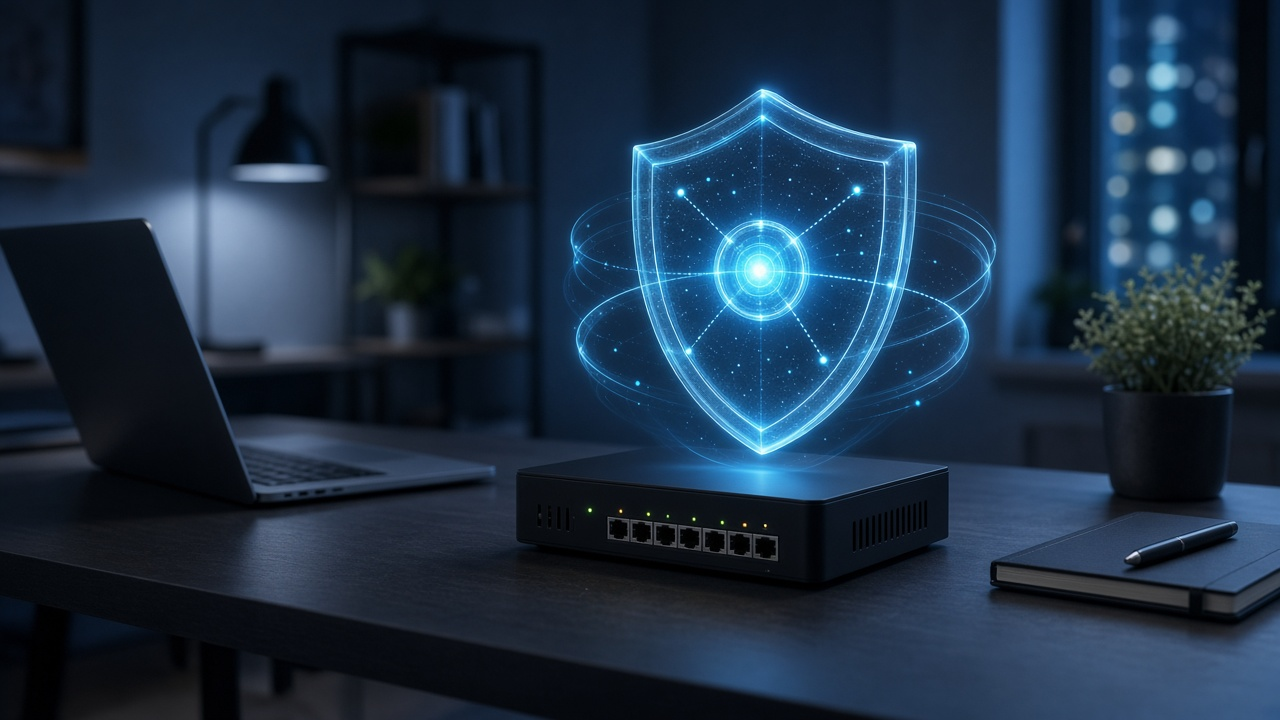 Network security appliance beneath a glowing blue shield in a home office