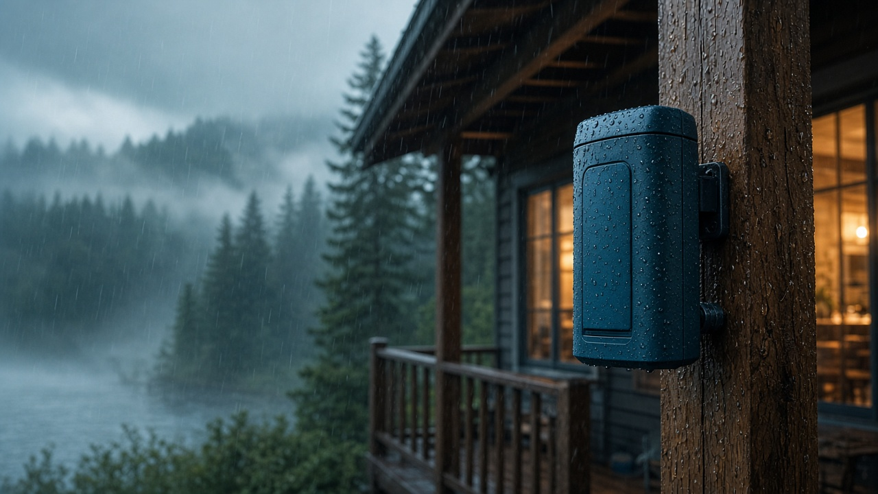 Weatherproof outdoor Wi-Fi extender mounted on a rainy porch post near a cabin