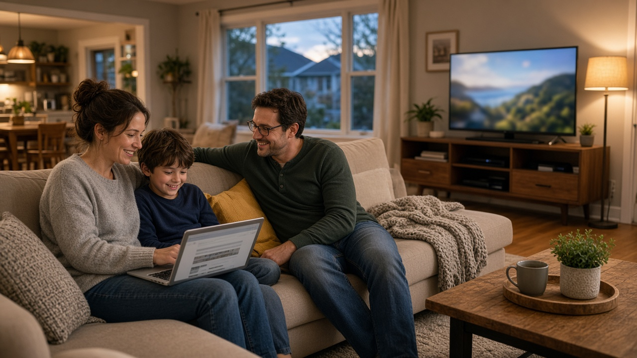 Family comparing home internet offers in a living room