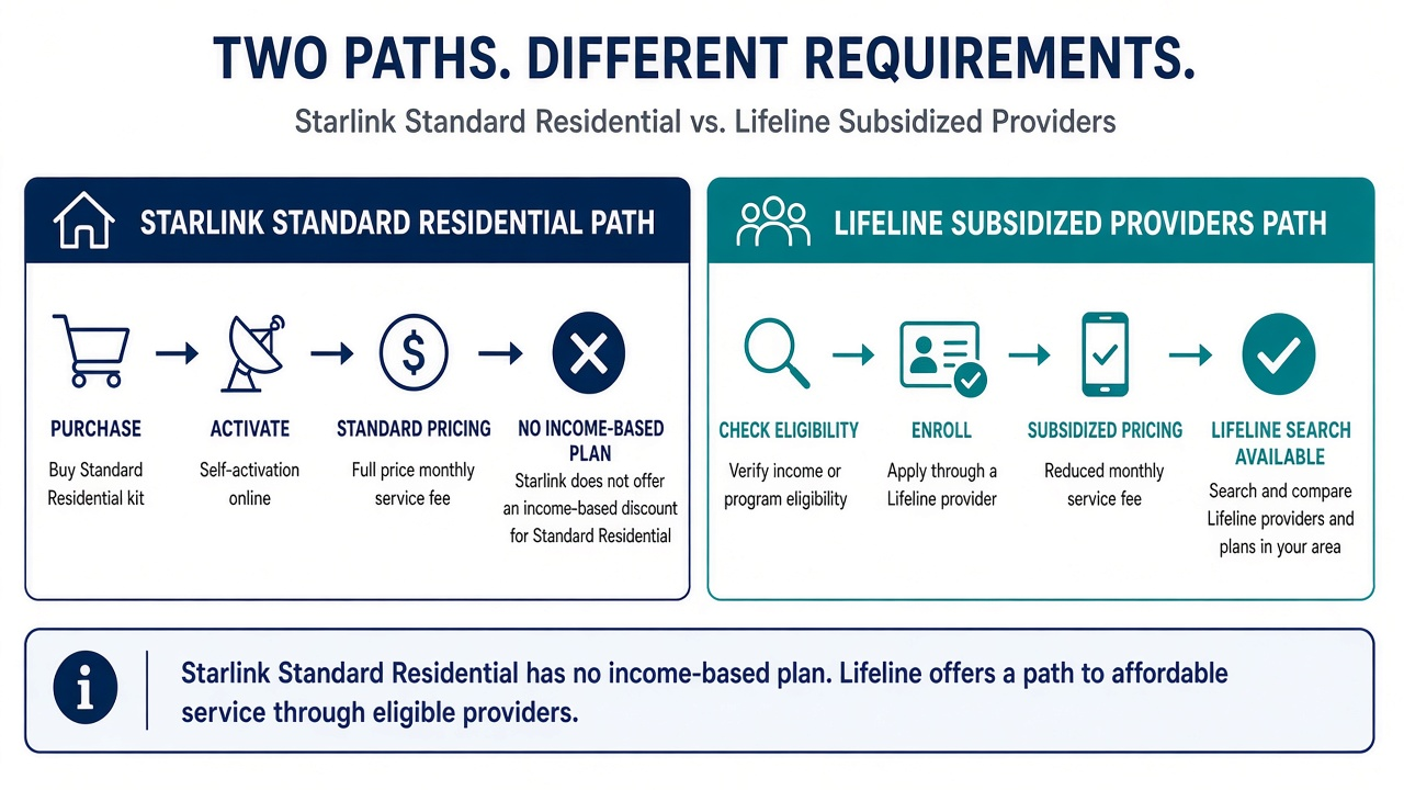 Comparison of standard Starlink ordering and a separate Lifeline provider search