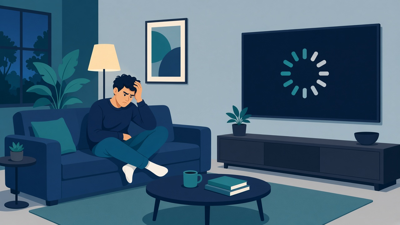 Living-room TV showing a spinning buffer icon while someone waits on the couch