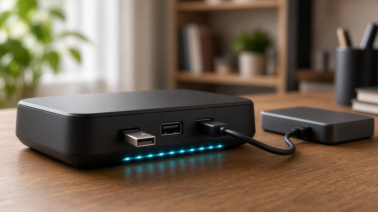 USB devices connected to the ports on a home Wi-Fi router