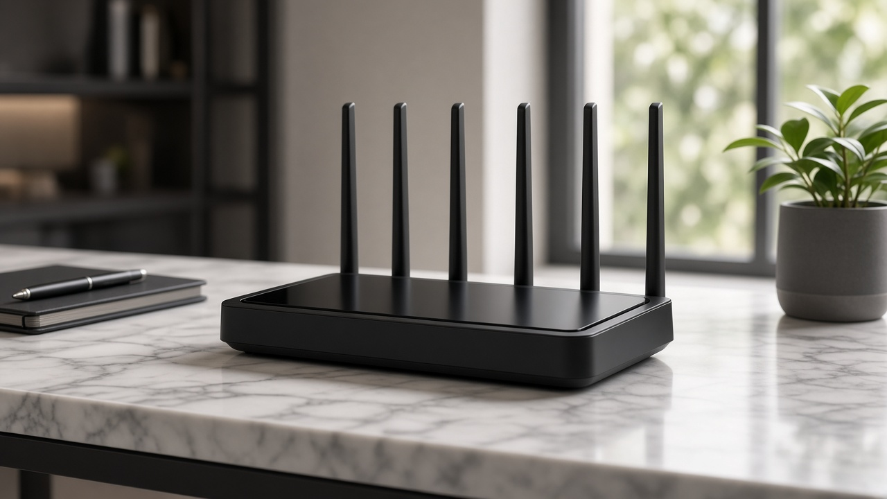 Premium Wi-Fi router with antenna arcs on a modern desk