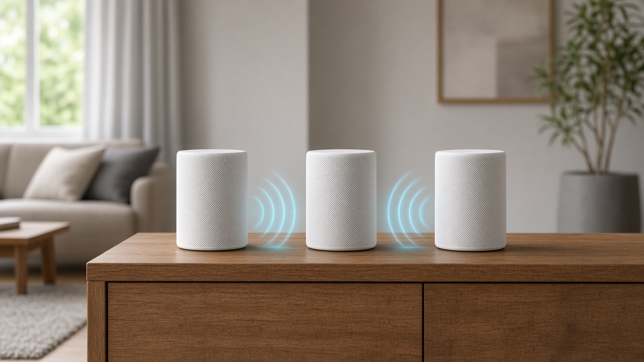 TP-Link Deco X55 mesh Wi-Fi units arranged for review