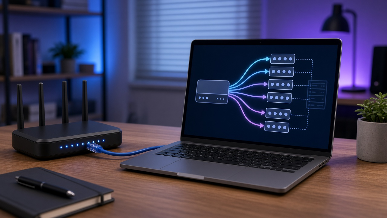 Home-office laptop showing a glowing network ports diagram wired by ethernet to a generic multi-antenna router under blue-purple light