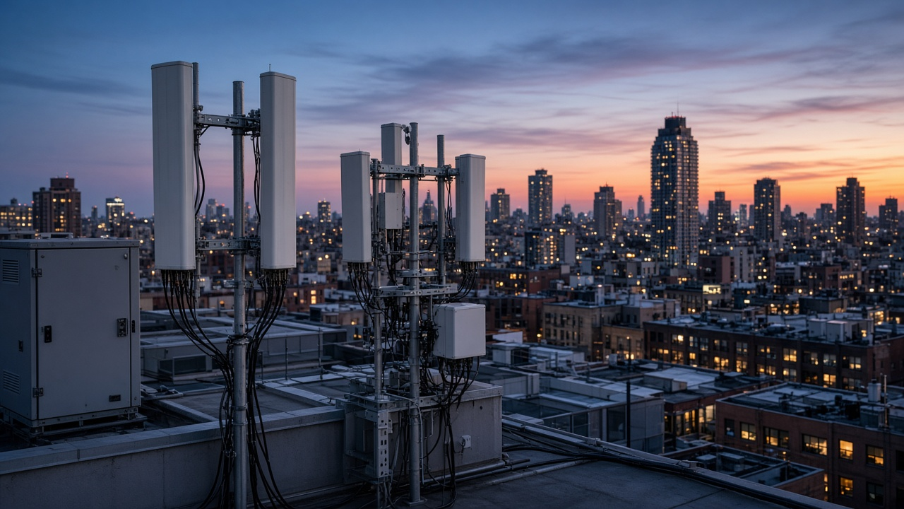 City skyline dusk with cellular tower and signal arcs