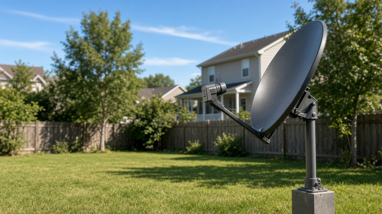 Satellite dish under twilight sky with orbital trail, watermark-free editorial