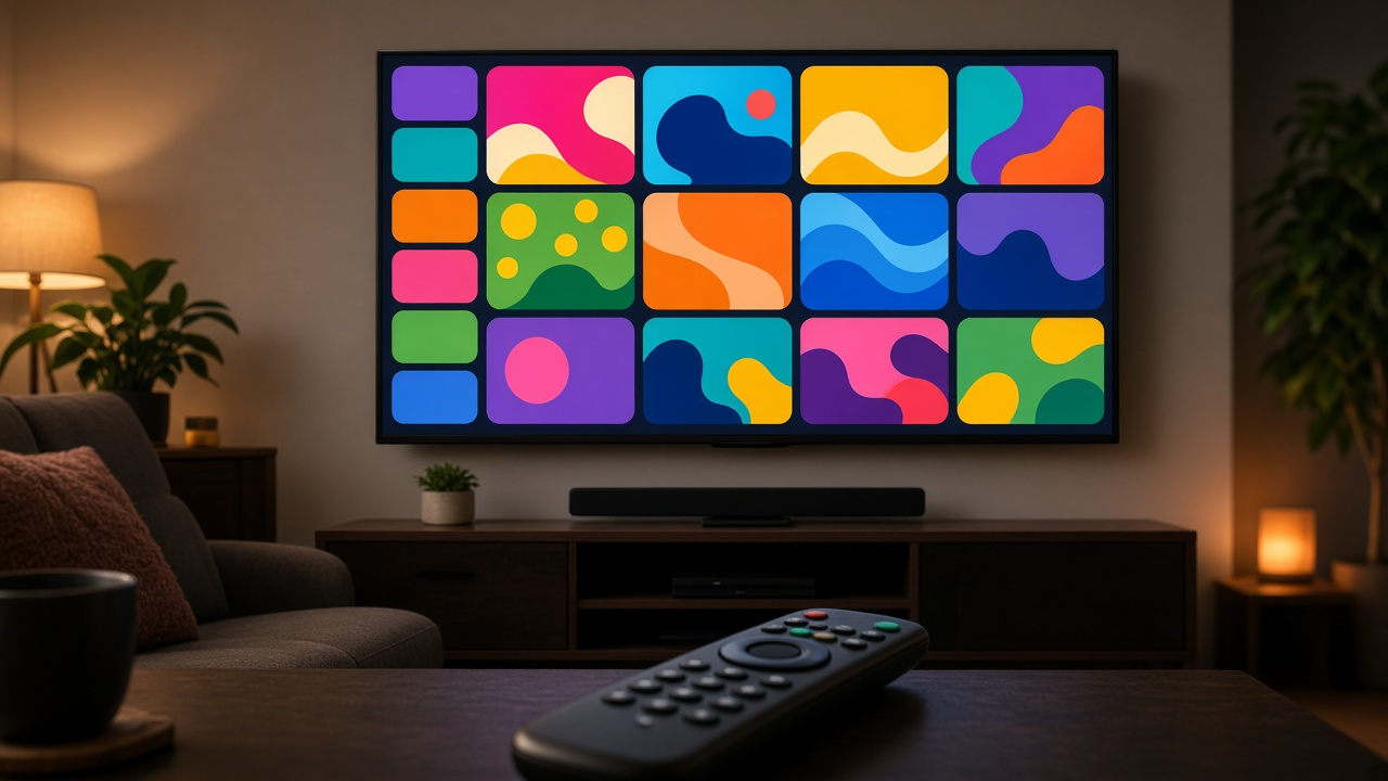 Living-room remote pointed at a TV showing a colorful abstract channel-guide grid