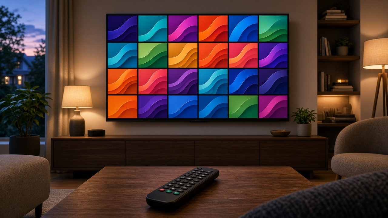Cozy evening living room with TV showing a colorful abstract channel grid and remote on the table