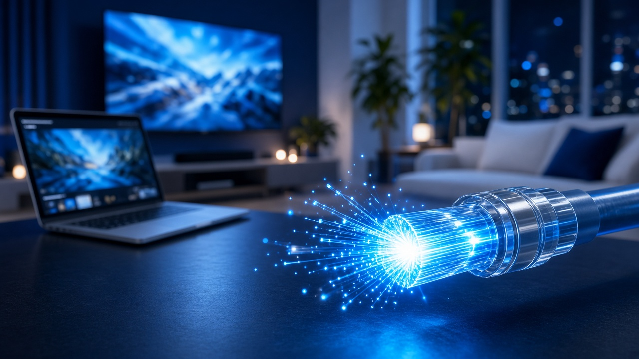 Fiber-optic cable carrying data toward connected home devices