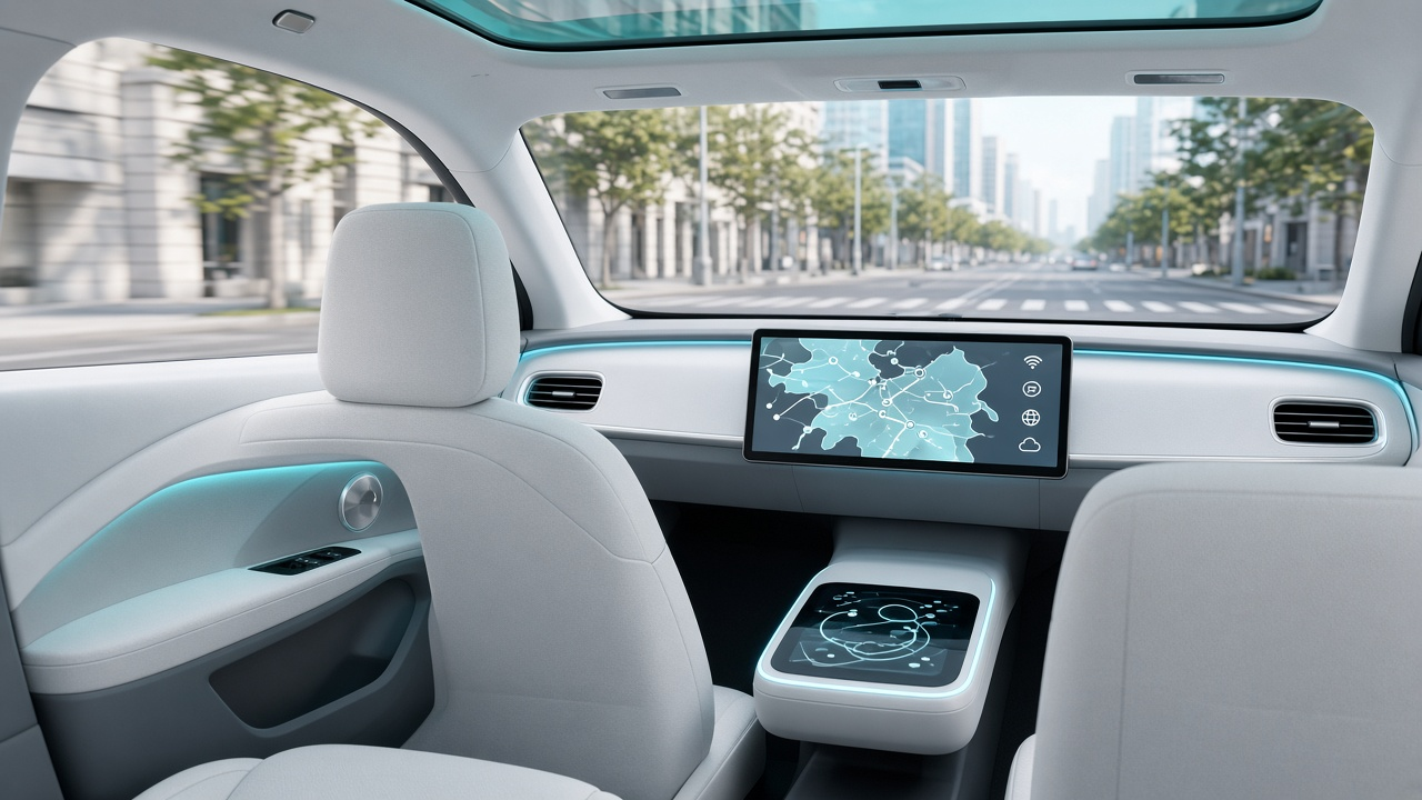 Futuristic autonomous car cabin with map screen, cyan ambient light, and city street through the windshield