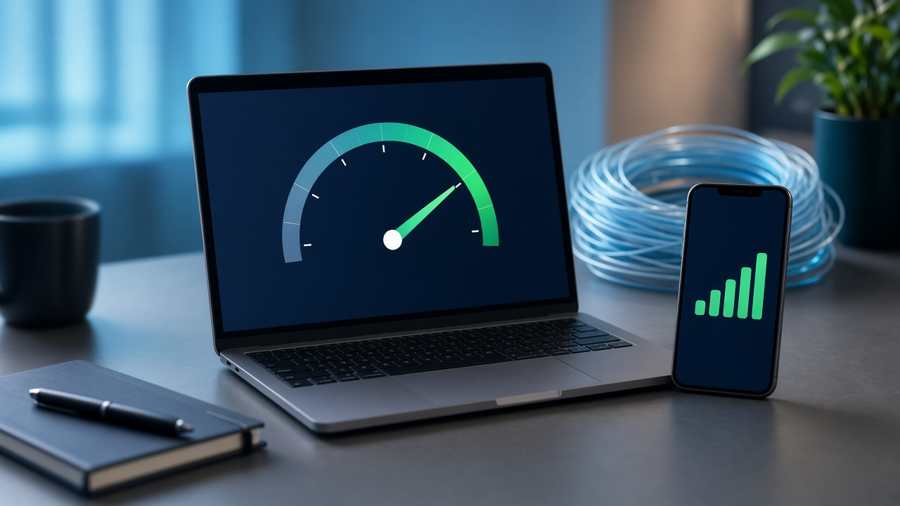 Laptop on a dark desk showing a glowing green internet speed gauge beside a phone with full signal bars and a coiled blue fiber cable