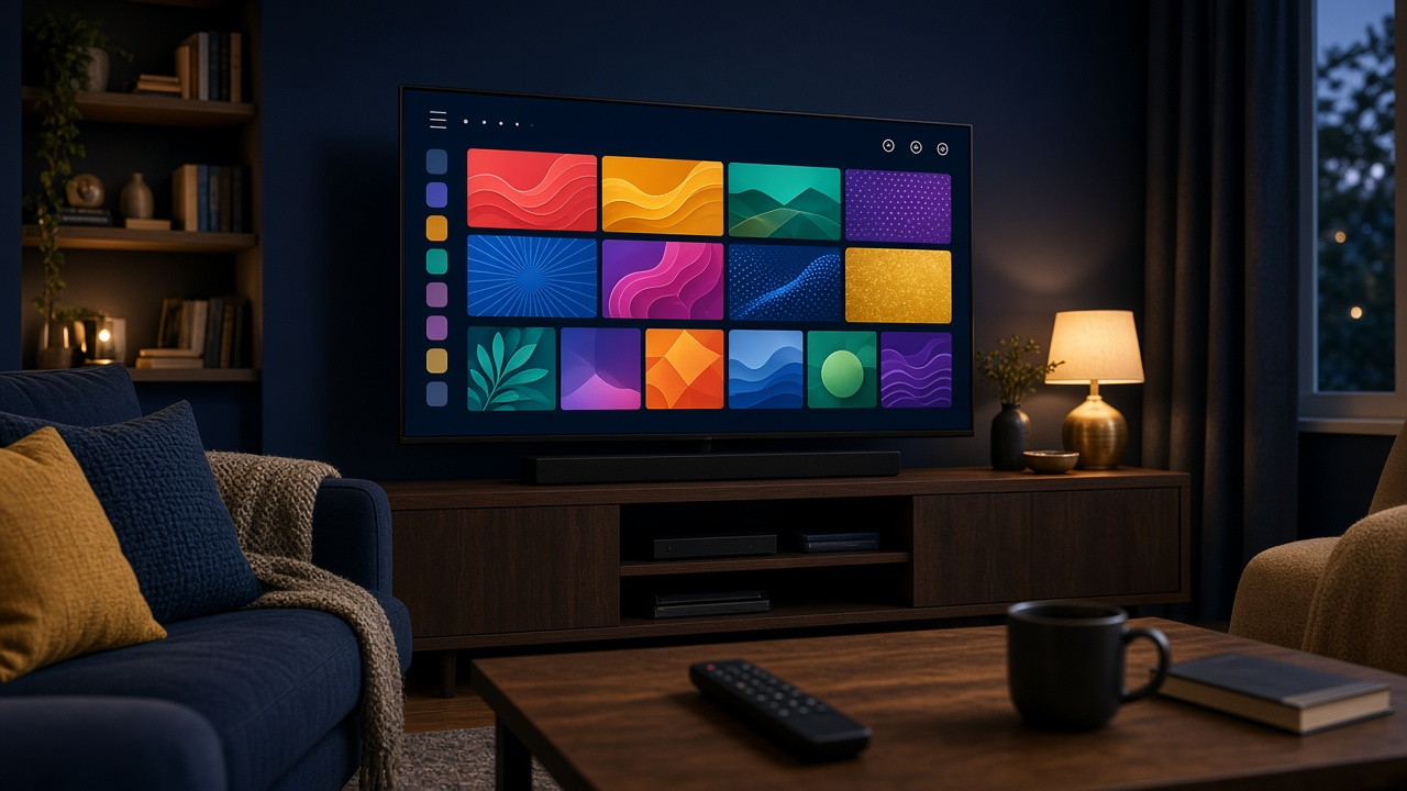 Living room television displaying a streaming channel guide