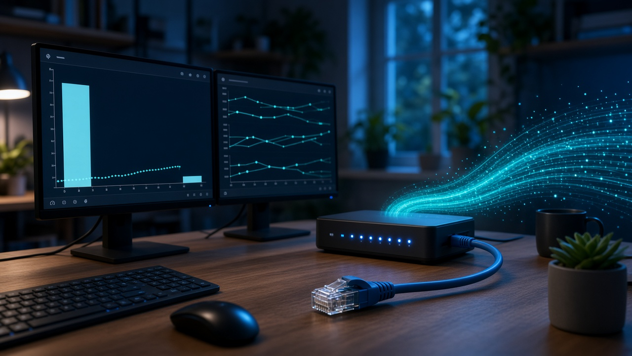 Upload performance charts displayed beside a cable modem