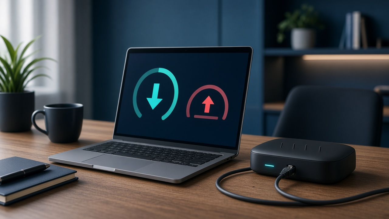 Upload speed test showing zero beside a home internet router