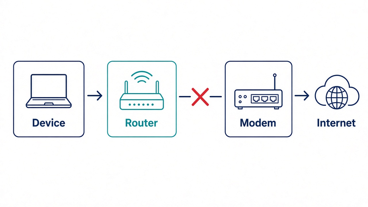 Diagram of Device to Router to Modem to Internet with a break between router and modem