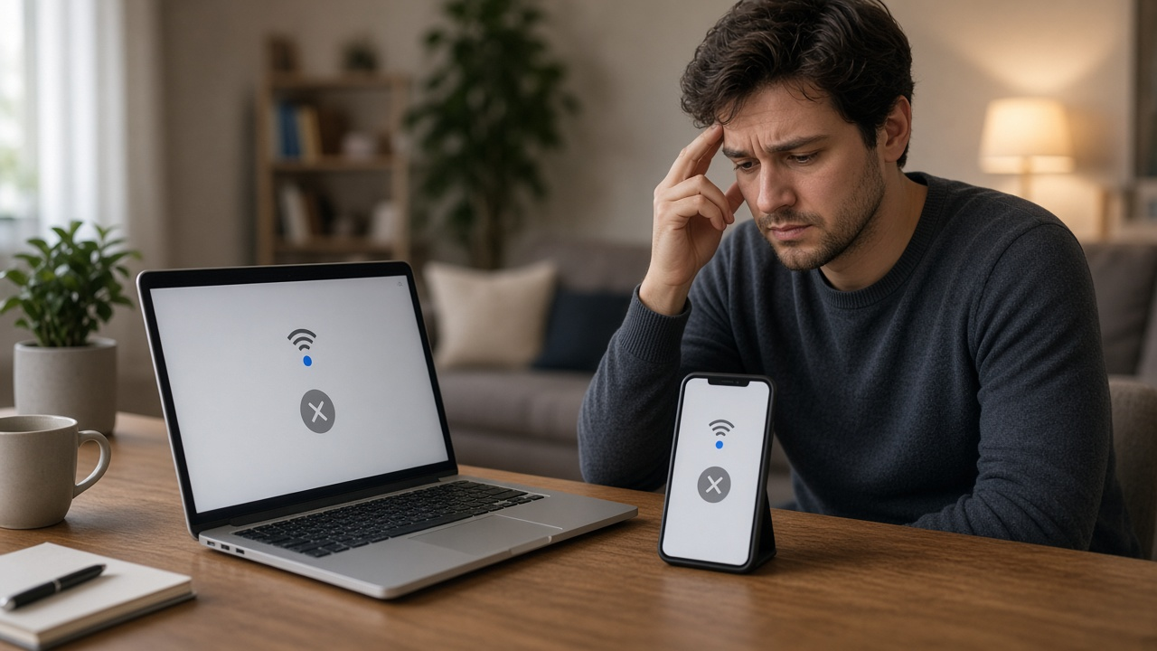 Person at a desk with laptop and phone showing Wi-Fi icons but failed page loads