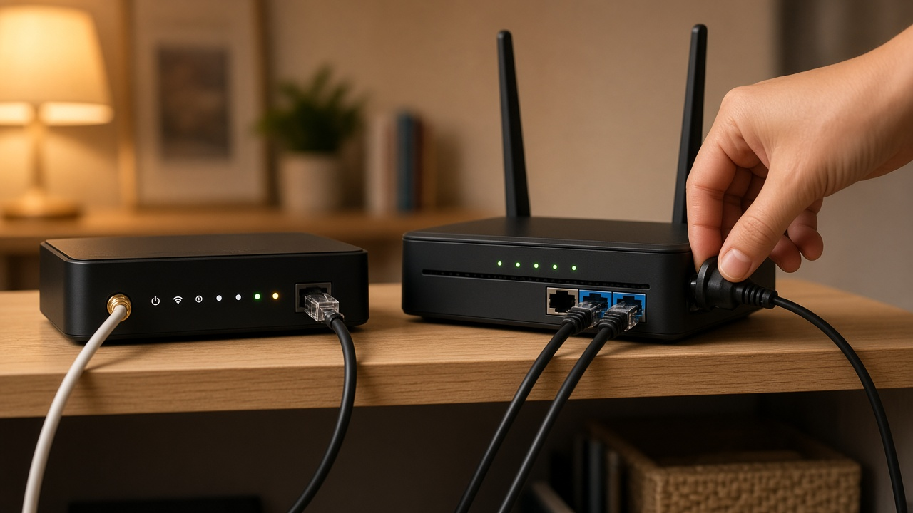 Hand plugging power into a home Wi-Fi router beside a modem with coax and Ethernet seated