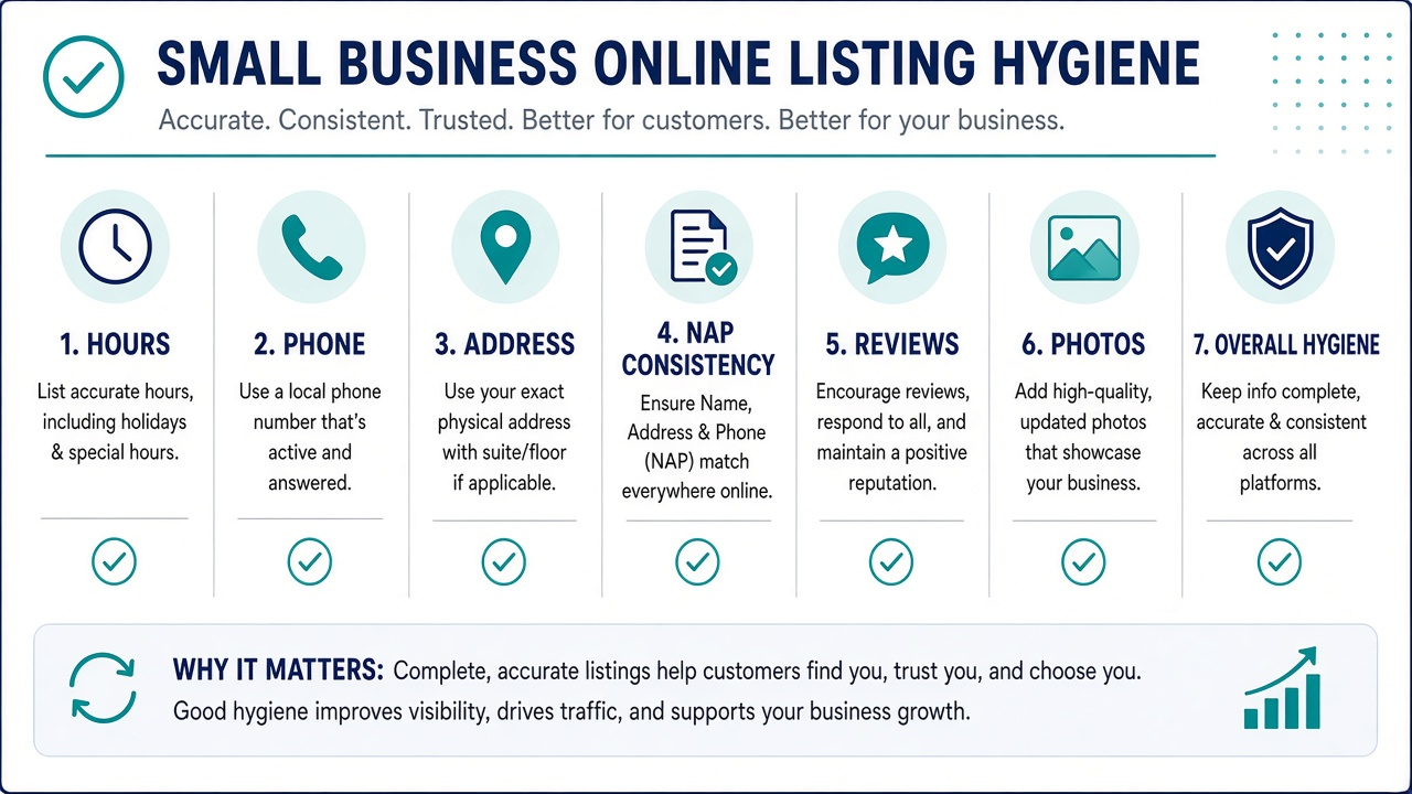 Seven-step small business online listing hygiene checklist covering hours, phone, address, NAP, reviews, photos, and overall consistency