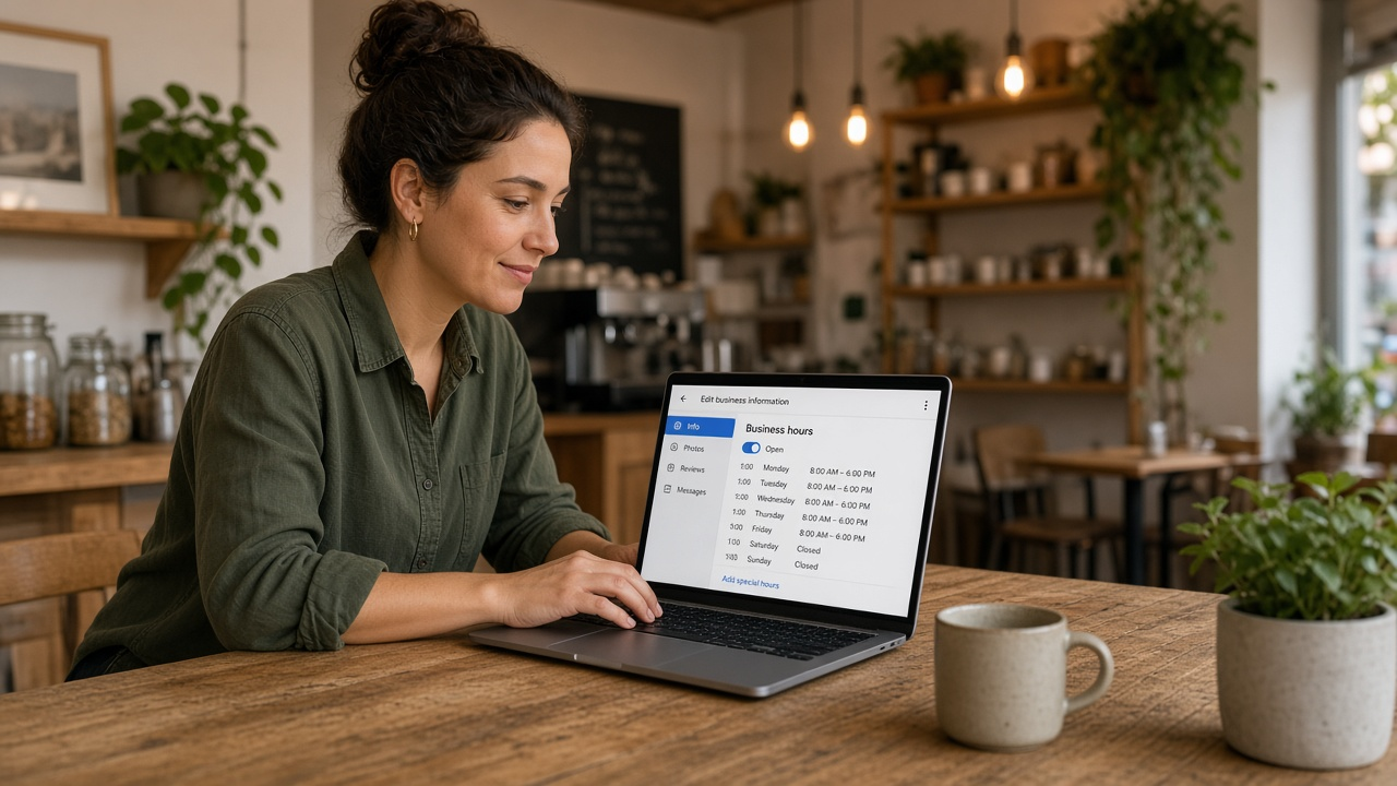 Small business owner updating business hours on a laptop in a cafe