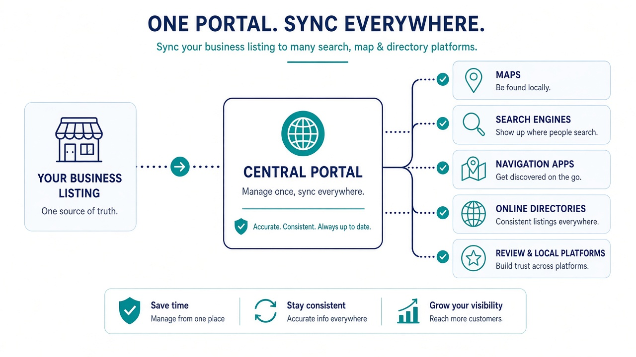 Infographic: one business listing through a central portal to maps, search, navigation, directories, and review platforms