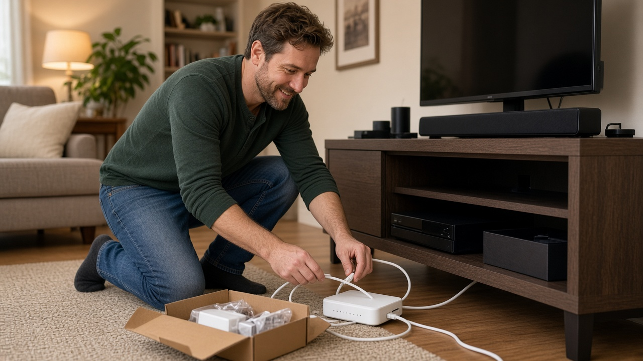 Person connecting home internet equipment beside a television